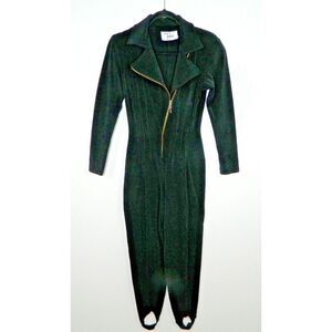 Vintage Tadashi Jumpsuit Size Small Black Gold Font Moto Zip Stirrup Long Sleeve